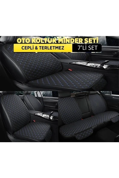 Araba Terletmez Ergonomik Koltuk Minderi (7 Parça) - 5 Koltuk Tam Set Siyah Mavi ürün görseli 1