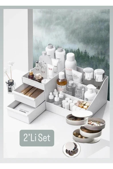 Elegance 2’li Kozmetik Düzenleyici Set ( Çekmeceli Rose Ve Döner takı kutusu ) Makyaj Organizer ürün görseli 1
