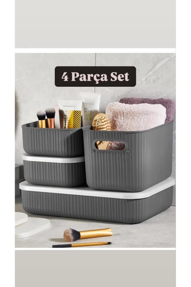 Storage 4 Lü Set - Kapaklı Banyo Organizeri Çok Amaçlı Kutu Gri ürün görseli 1
