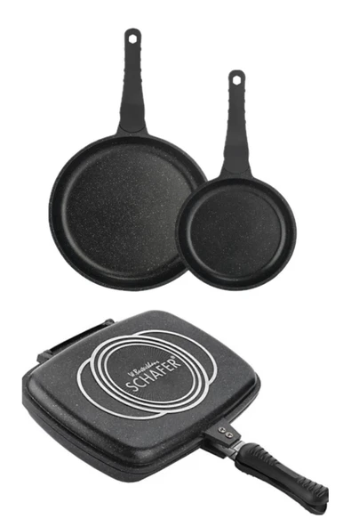 3 Parça Famos Double Grill Pan Tava Set- Çeyiz Seti All İn One ürün görseli 1