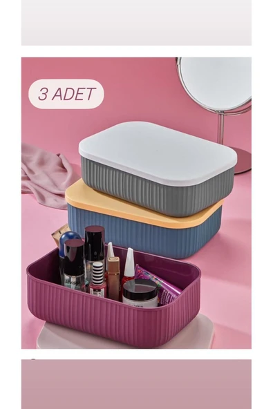 3’lü Set - 3.2 Lt Mix Kapaklı Kozmetik Saklama Kabı Banyo organizer ürün görseli 1