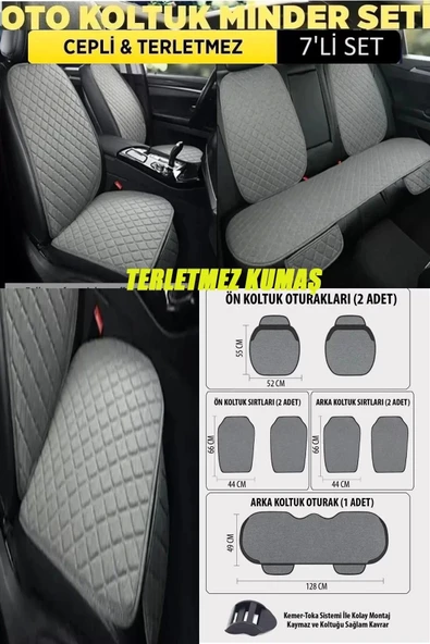 Mitsubishi Colt Terletmez Kumaş Minder Seti 7 Parça Full Takım Gri-Gri ürün görseli 1