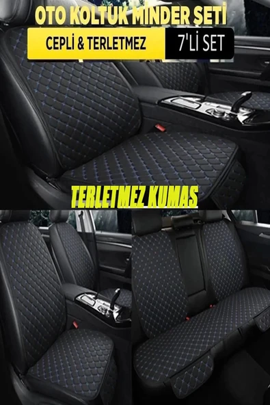 HYUNDAİ İ40 Terletmez Kumaş Minder Seti 7 Parça Full Takım siyah-mavi ürün görseli 1