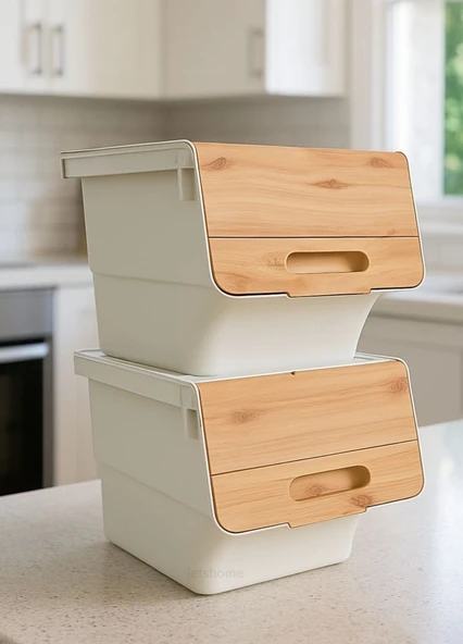 2'li Bambu Patates Soğan Sepeti Tekerlekli Kapaklı Havalandırmalı 24 Litre Sebzelik Organizer ürün görseli 1