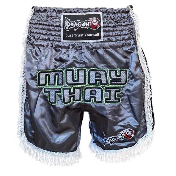 DragonDo MT3020 Apache Muaythai Şort Antrasit Püsküllü Şort Nakışlı Muay Thai Şortu ürün görseli 1