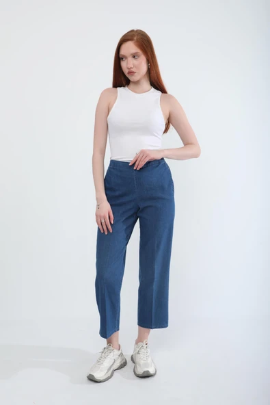 Kadın Beli Lastikli Likralı Yan Cepli Jean Pantolon Mavi ürün görseli 1