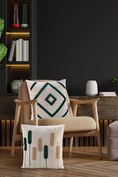 Fecra Botanik Raster Kırlent Kılıfı 43x43 Yeşil 2'li ürün görseli 1