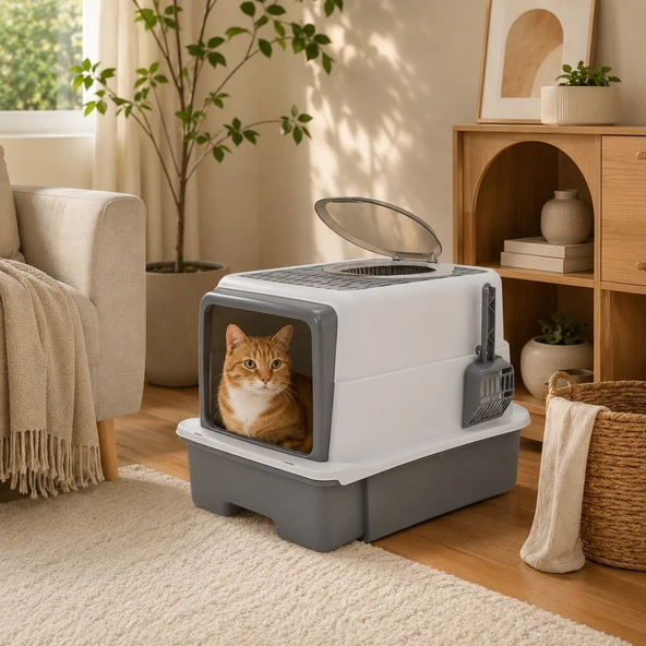 TechTic Lüx Büyük Boy Kapalı Kedi Tuvaleti Koku Giderme Üst Kapaklı(Boyun Kaşımalı)Çekmeceli Kürekli ürün görseli 1