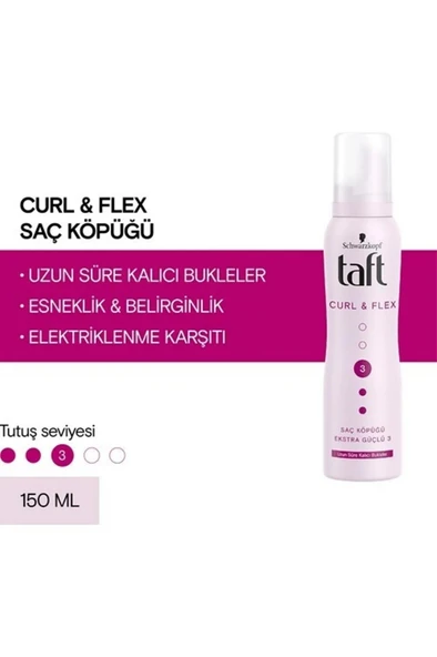 Taft Curl&Flex Saç Köpüğü 3 Numara Uzun Süre Kalıcı Bukleler 150 Ml ürün görseli 1