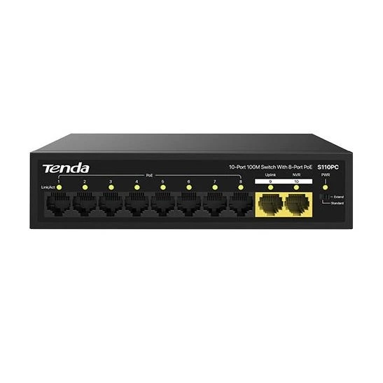 TENDA 10port 80w 8port PoE S110PC 10/100 2-Uplink Yönetilemez Switch ürün görseli 1
