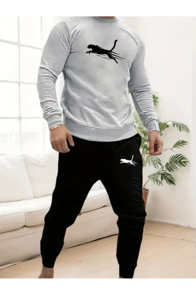 Eşofman Takımı Panter Baskılı Unisex Kışlık Kalın Pamuklu Sweatshirt Ve Eşofman Altı 2' Li Set ürün görseli 1
