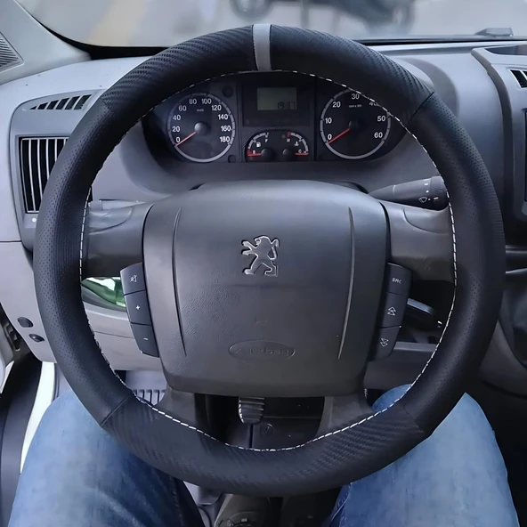 DİKİŞLİ DİREKSİYON KILIFI KARBON DERİ NOKTALI DERİ GRİ YÜZÜK GRİ DİKİŞLİ PEUGEOT BOXER İÇİN ürün görseli 1