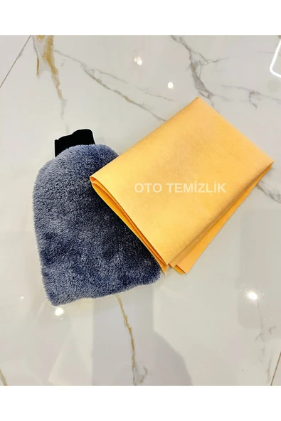 2'li Oto Yıkama Seti: Mikrofiber Araba Yıkama Eldiveni ve Güderi Bez 50x70cm - İz ve Leke Bırakmaz ürün görseli 1