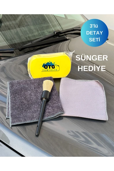 euroist 3'lü Oto Detay Seti - Araba Detay Fırçası, Mikrofiber Araba Kurulama Bezi, Cam Bezi + Sünger Hediye ürün görseli 1