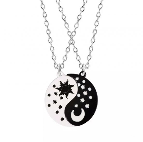İkili Ying Yang Best Friends BFF Metal Ay Güneş Zincirli Kolye ürün görseli 1