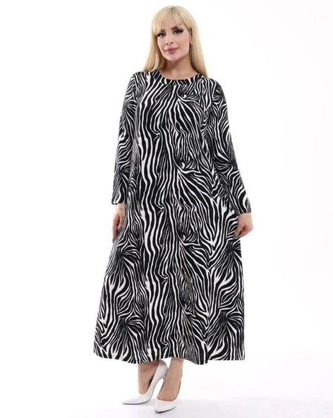 Kadın Büyük Beden Yumuşak Dokulu Siyah Beyaz Zebra Desen Elbise ürün görseli 1