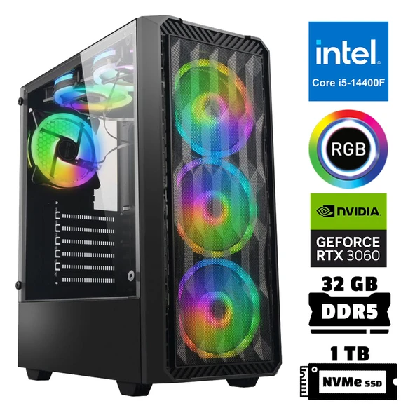 Xaser Xsr957 i5 14400F 32GB DDR5 Ram 1TB M.2 NVMe SSD 12GB RTX3060 Oyuncu Tavsiye Sistem ürün görseli 1