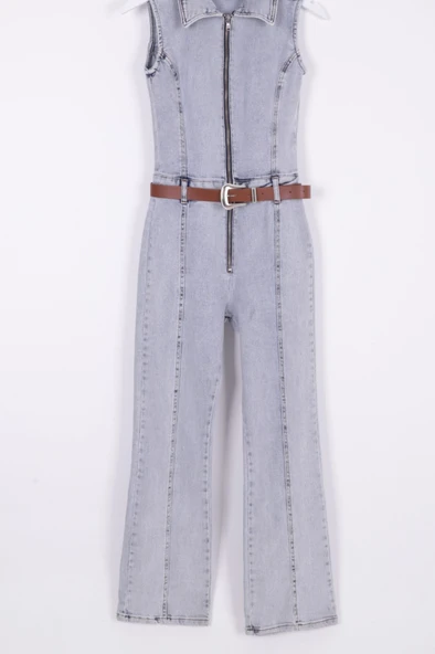 Dekoratif Kemer Detaylı Ve Kolsuz Fermuarlı Rahat Kot Kadın Tulum Kar Yıkama Açık Mavi Denim ürün görseli 1
