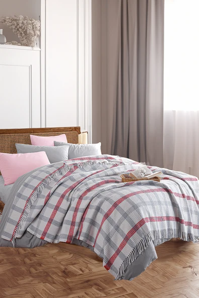 Upstyle Battaniye Pamuklu Çift Kişilik Warm Soft Gri-Kırmızı ürün görseli 1