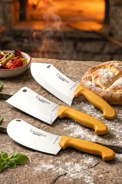 LAZBİSA Gold Serisi Pide Börek Mutfak Bıçağı Salata Pizza Bıçak Kıyma Et Satırı Doğrama 3 Lü Set ( Mft-002 ) ürün görseli 1