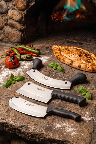 Silver Serisi 3 lü Mutfak Bıçağı Börek Pizza Bıçağı Pide Salata Kıyma Mutfak Bıçak Tavuk Satırı Siyah Sap ( Mft-758) ürün görseli 1