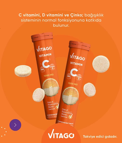 2li- Vitago C Vitamini, D Vitamini, Çinko 20li Efervesan Tablet - Resim 2