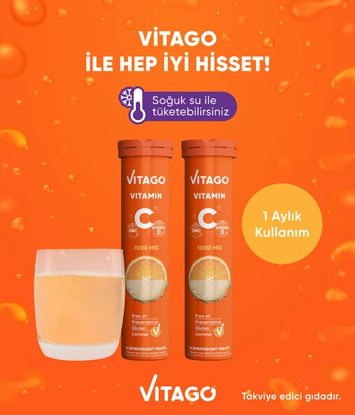 2li- Vitago C Vitamini, D Vitamini, Çinko 20li Efervesan Tablet - Resim 3