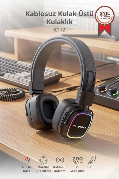 Bluetooth Kulaklık Rgb Işıklı Güçlü Bas Kulak Üstü Kablosuz Kulaklık HD12 Siyah ürün görseli 1