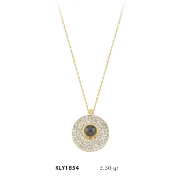 Harem Altın 14 Ayar Altın 100 Dilde Seni Seviyorum Taşlı Oval Kolye KLY1854 ürün görseli 1