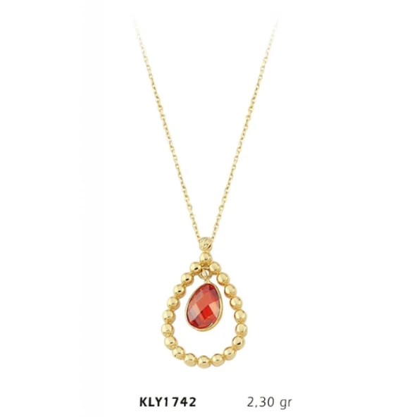 Harem Altın 14 Ayar Damla Motifli Kırmızı Taşlı Kolye KLY1742 ürün görseli 1