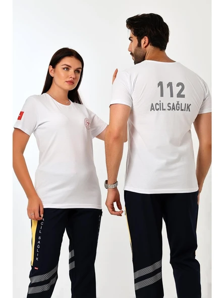 112 Yuvarlak Yaka Penye Kısa Kol Tshirt - Beyaz ürün görseli 1