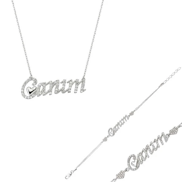 Harem Altın Gümüş Canım Yazılı Kalp Bayan Set ürün görseli 1