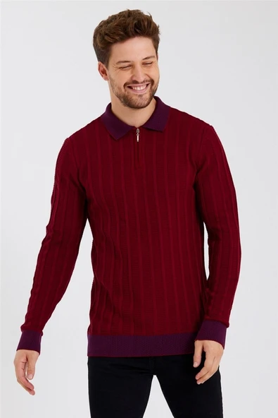Tarz Cool Erkek Bordo Polo Yaka Desenli Çizgili Triko ürün görseli 1