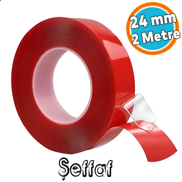 Çift Taraflı Silikon Bant Montaj Bandı Şeffaf 24 mm x 2 Metre Güçlü Çok Amaçlı Yapıştırıcı ürün görseli 1