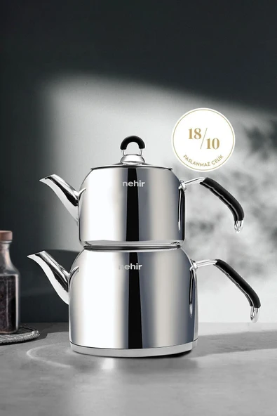 Nehir Modern Maxi Büyük Boy Paslanmaz Çelik 1.6-2.5 Lt. Çaydanlık Takımı ürün görseli 1