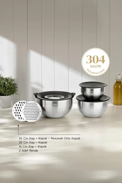 Nehir Silver Çelik 9 Parça Rendeli Karıştırma Kabı Takımı ürün görseli 1