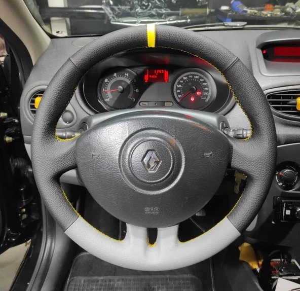Clio 3 Araca Özel Direksiyon Kılıfı (DÜZ GRİ SARI YÜZÜKLÜ) ürün görseli 1