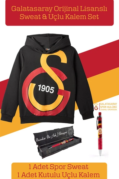 Galatasaray Orijinal Lisanslı Büyük Logo Çocuk Sweat + Uçlu Kalem Set ürün görseli 1