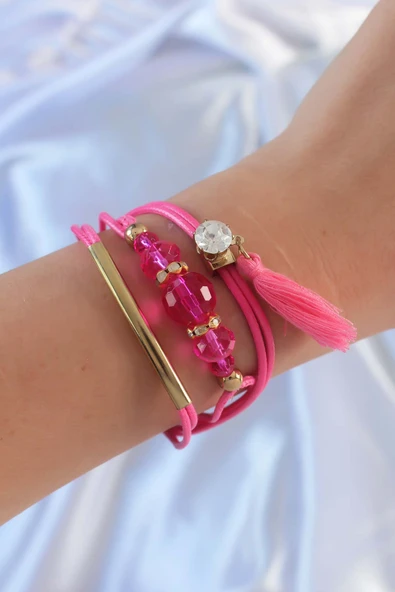 Pembe Zirkon Taşlı İpli Püskül Detay Çoklu Bileklik - TJ-BB6360 ürün görseli 1