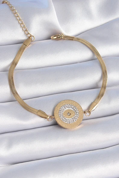 316L Çelik Gold Renk İtalyan Zincir Zirkon Taşlı Göz İşlemeli Madalyon Model Kadın Bileklik - TJ-BB6445 ürün görseli 1