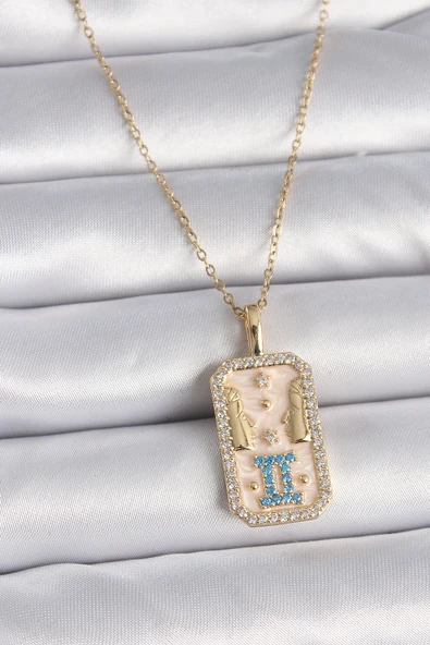 316L Çelik Gold Renk Zincir İkizler Burcu Zirkon Taşlı Kadın Kolye - TJ-BKO9468 ürün görseli 1