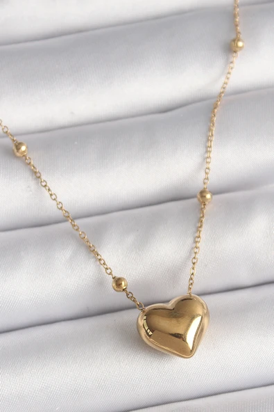 316L Çelik Gold Renk Topçuk Detaylı Zincir Kalp Model Kadın Kolye - TJ-BKO9772 ürün görseli 1