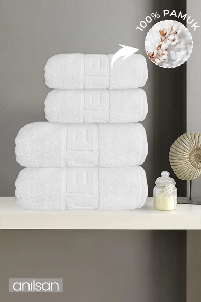 4'lü Beyaz Hotel Logo Havlu Seti %100 Pamuk - 2 Adet El Havlusu 50x90 ve 2 Adet Banyo Havlusu 70x140 ürün görseli 1