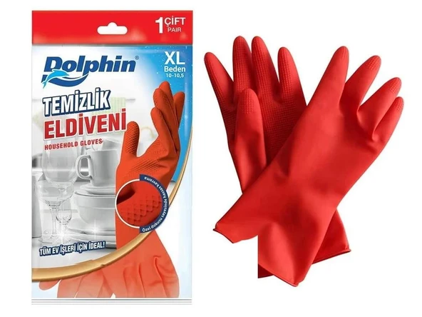 Dolphin Lateks Bulaşık Temizlik Eldiveni - Kırmızı - XL - No : 10 - 1 Çift - Paket ürün görseli 1