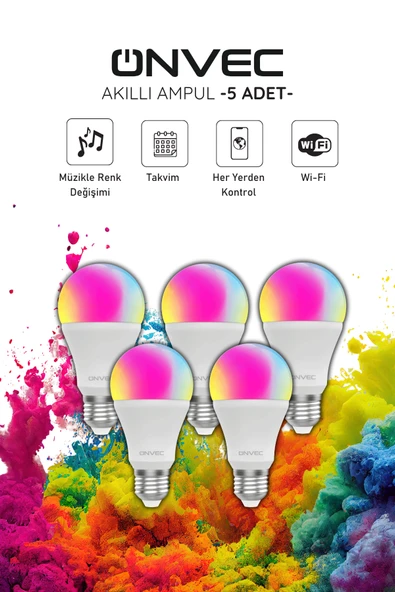 Onvec Wifi+Bluetooth Destekli 9W Rgb 5 Adet Akıllı Ampul Tuya ürün görseli 1