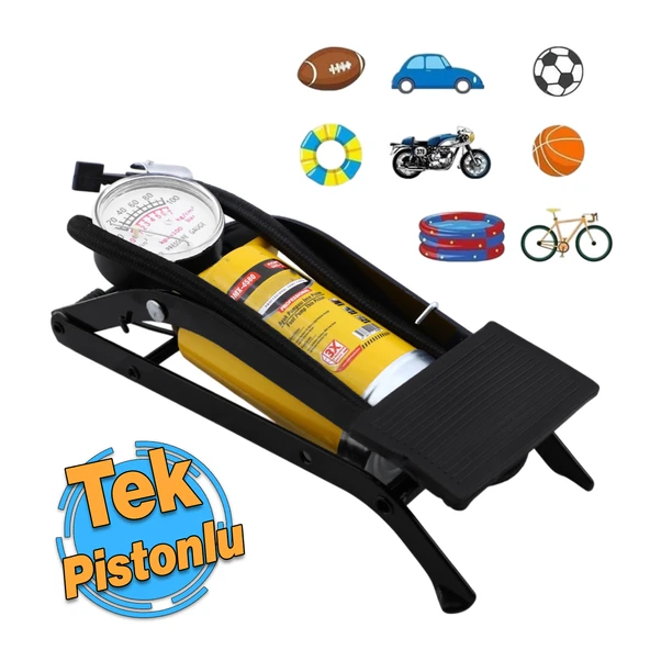 Tek Pistonlu Ayak Tipi Pompa Tekli Teker Araç Bisiklet Top Bot Lastik Şambrel Şişirme Pompası 1 Adet ürün görseli 1