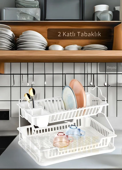 2 Katlı Bulaşıklık Paslanmaz Tezgah Üstü Tabaklık BPA FREE Bulaşık Sepeti Kurutmalık Beyaz ürün görseli 1