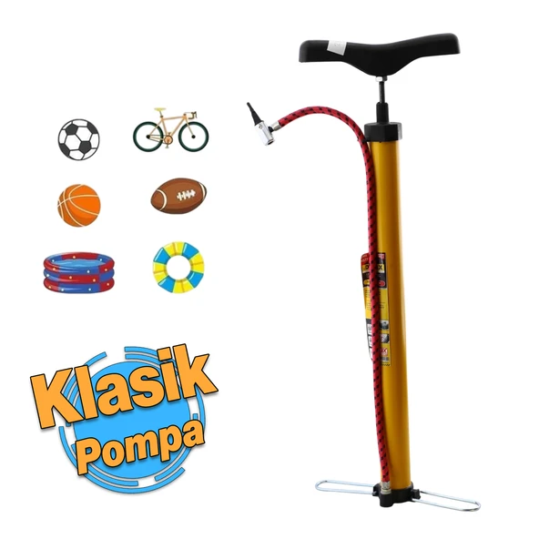 Klasik Bisiklet Pompası El Tipi Ayak Tutamaklı Standart Plastik Başlıklı ve Uçlu Metal Borulu 1 Adet ürün görseli 1