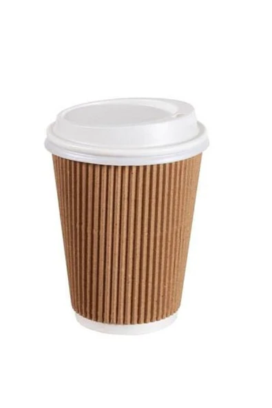 Özel Seri 8oz Kraft Ripple Double (Çift Duvar)Wall Karton Bardak Beyaz KAPAKLI -50 Adet ürün görseli 1