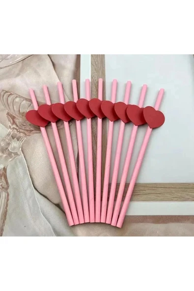 10 Adet, Pembe Kırmızı Kalp Kağıt Pipetler Özel Seri ürün görseli 1